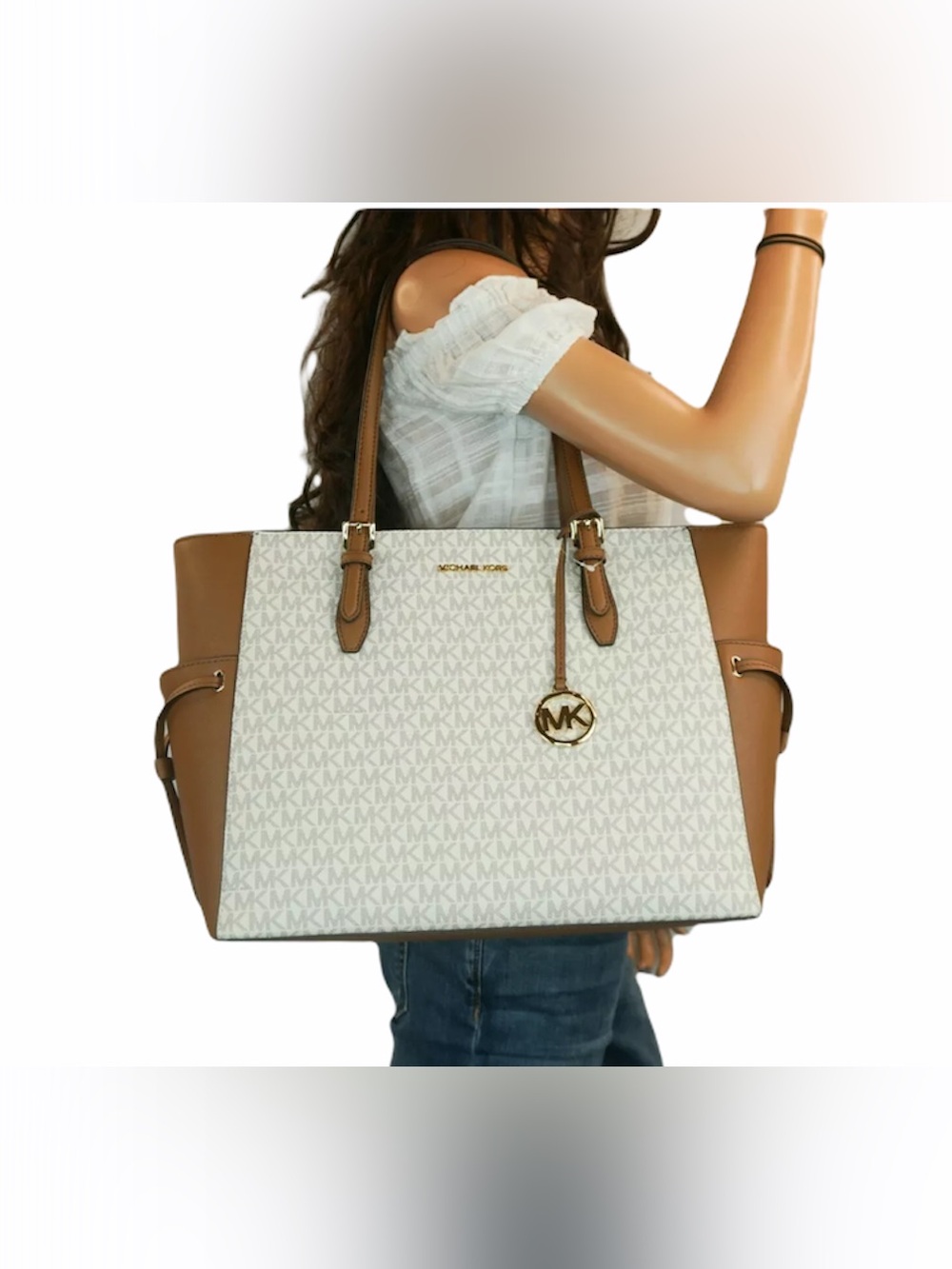 Michael Kors White and Brown MK Signature Tote